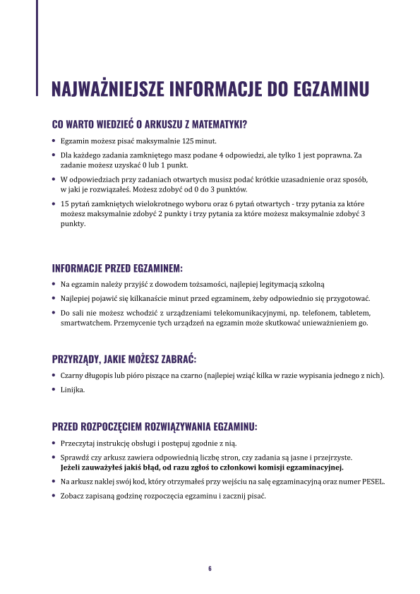Podgląd strony z najważniejszymi informacjami o egzaminie