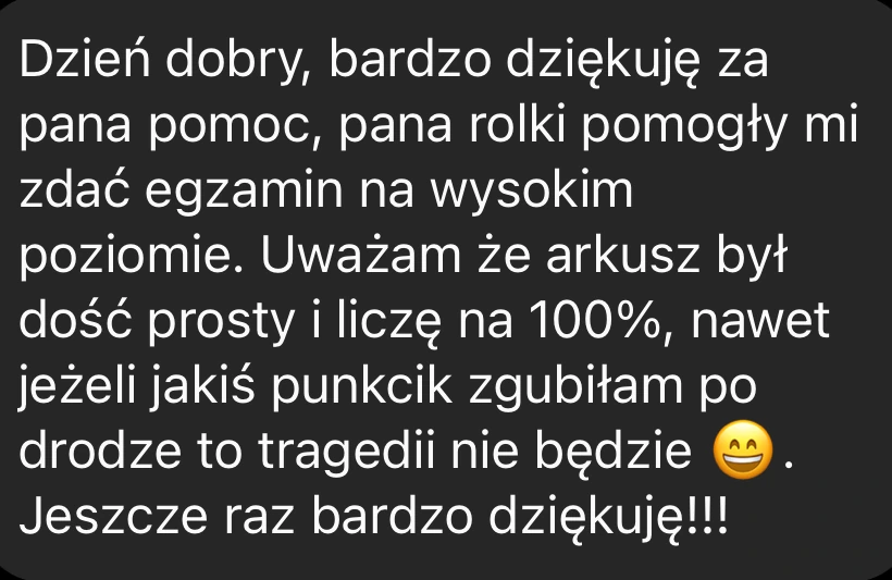 Wiadomość uczennicy z podziękowaniem po egzaminie