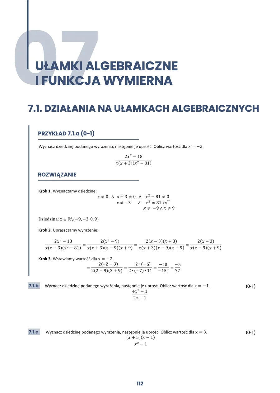 Podgląd strony z działem Ułamki algebraiczne i funkcja wymierna